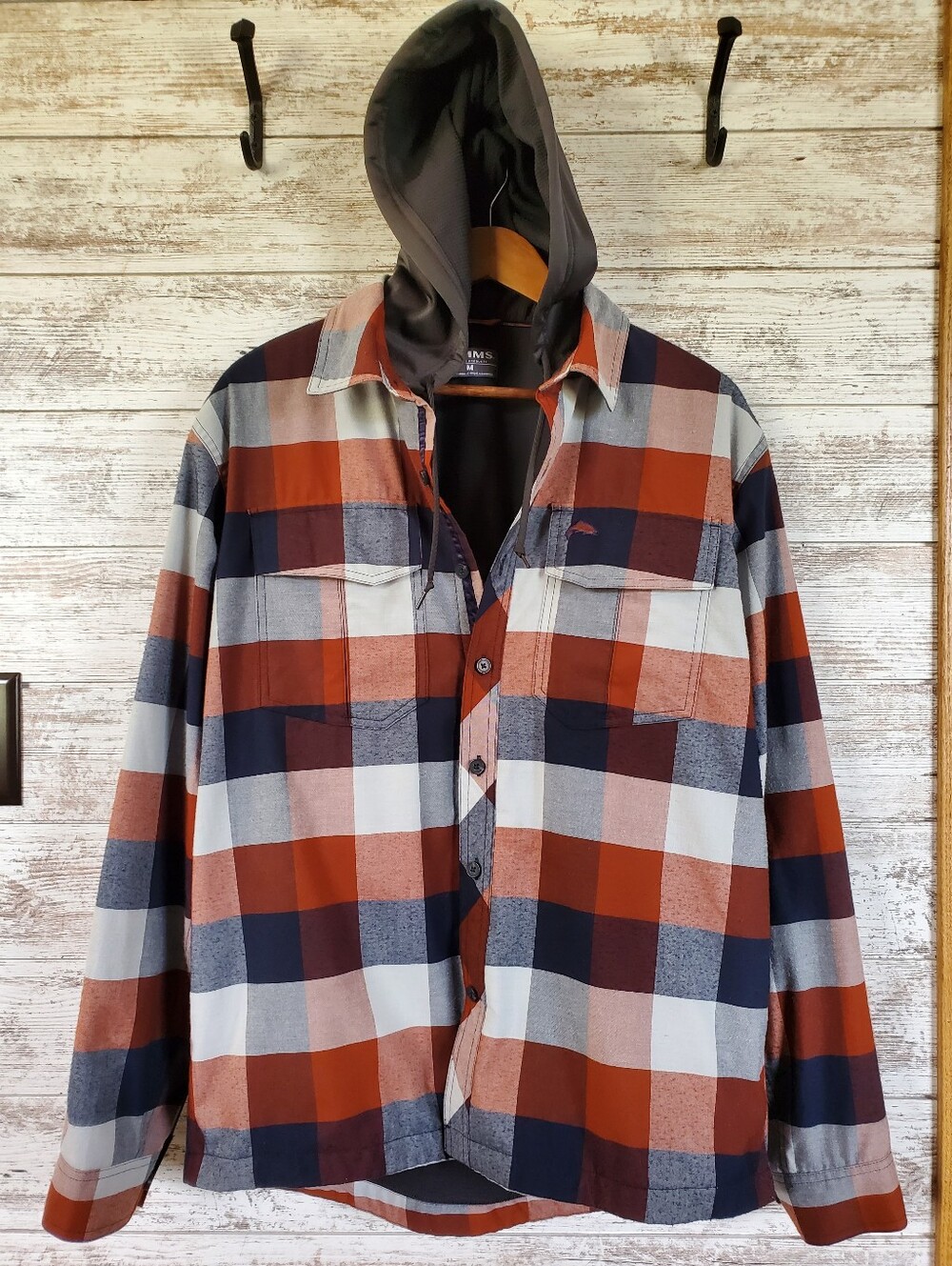 Simms Santee Lightweight Flannel Hoody Plaid Shirt Jacket Shacket Mens M